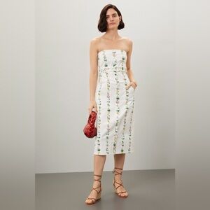 Adam Lippes White Strapless Midi Dress with Floral Stripes